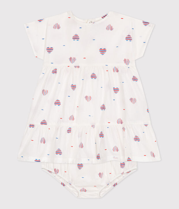 Babies' short-sleeved cotton dress and bloomers printed with hearts Ecru/multicolor
