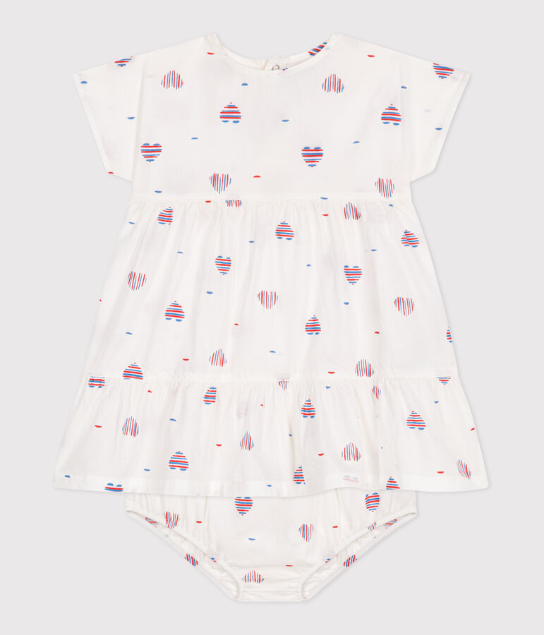 Babies' short-sleeved cotton dress and bloomers printed with hearts Ecru/multicolor