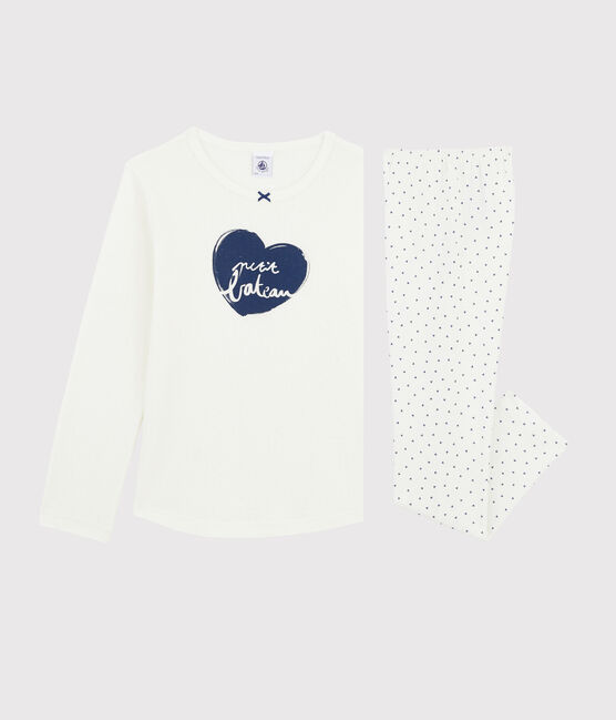 Girls' Mini-Hearts Ribbed Pyjamas MARSHMALLOW white/MEDIEVAL blue