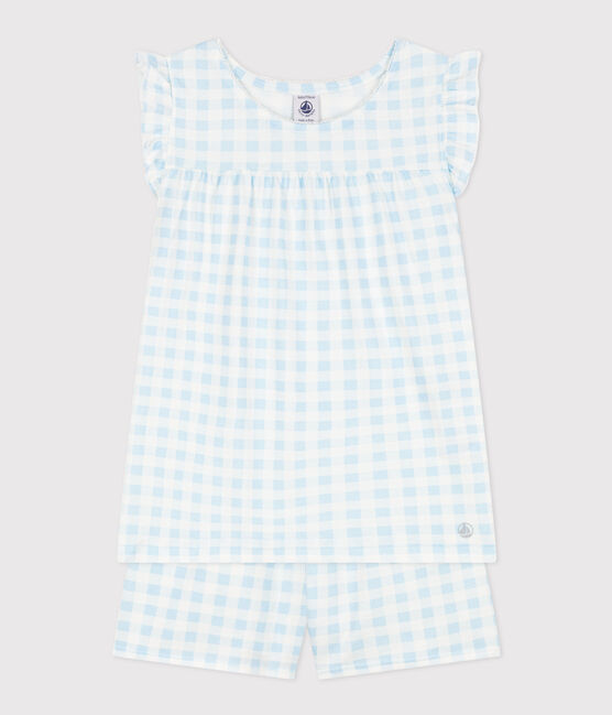 Girls' Fine Cotton Gingham Short Pyjamas MARSHMALLOW blue/GOMME white