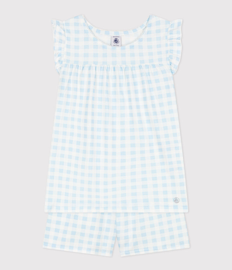 Girls' Fine Cotton Gingham Short Pyjamas white/blue