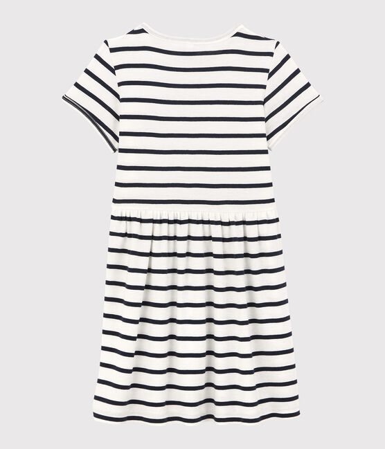 Girls' Short-Sleeved Organic Cotton Dress MARSHMALLOW white/SMOKING blue