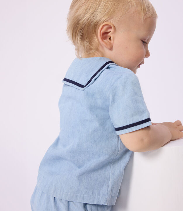 Babies' 2-piece set in chambray including a T-shirt with a sailor collar blue