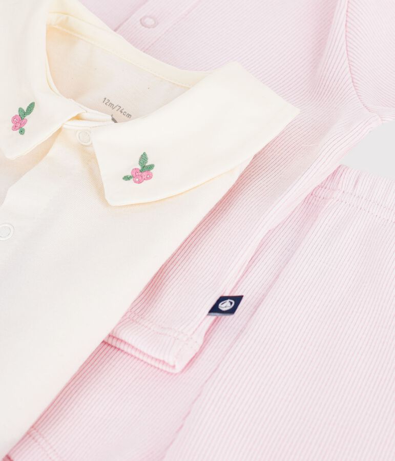 Babies' three-piece set in cotton with embroidery on the collar pink