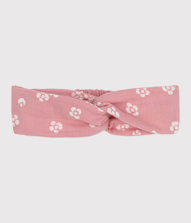 Children's headband in cotton gauze with flower print pink/white