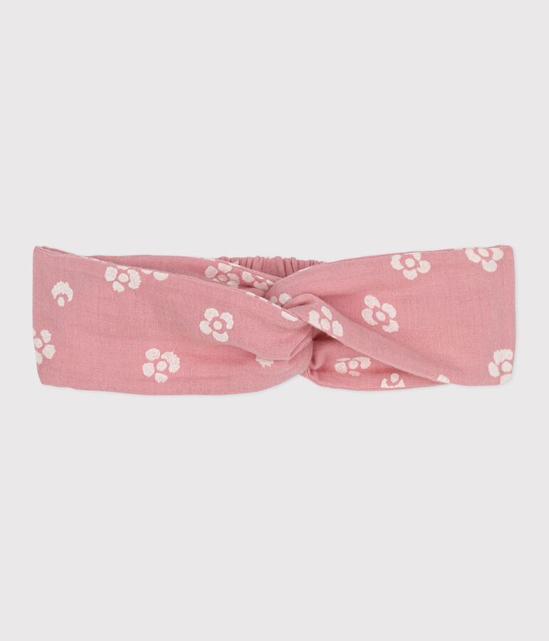 Children's headband in cotton gauze with flower print CHARME pink/MARSHMALLOW white