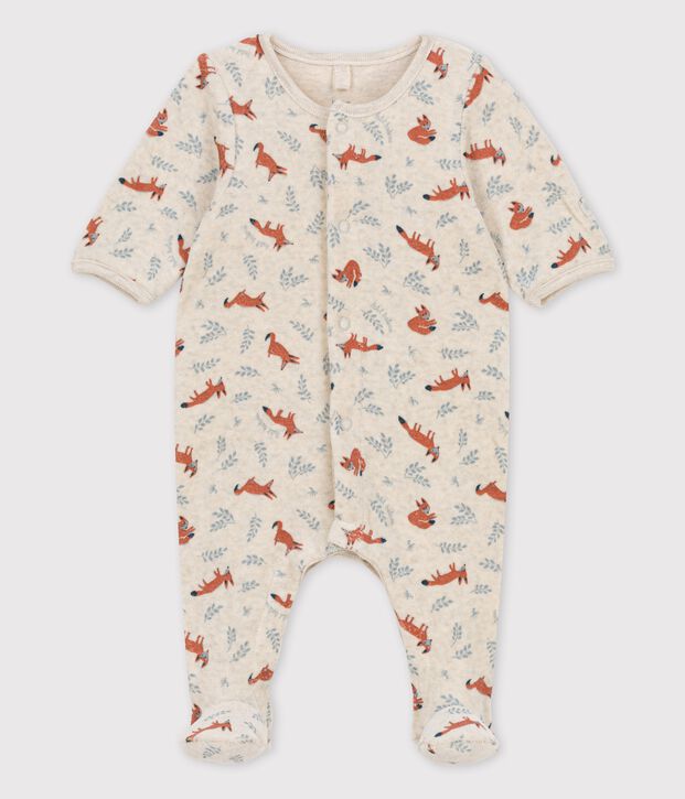 Organic printed velvet baby sleepsuit beige/white
