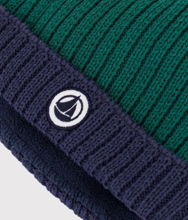 Babies' two-colour knitted beanie with a fleece lining green/blue