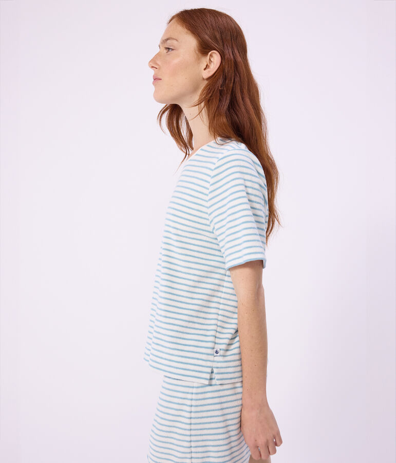 Women's short stripy cotton terry pyjamas white/green