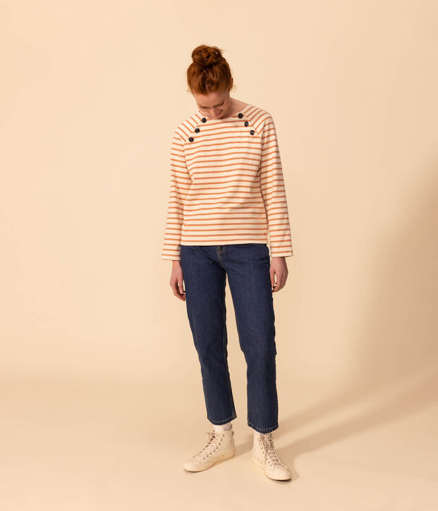 Women's Buttoned Cotton Breton Top Ecru/pink