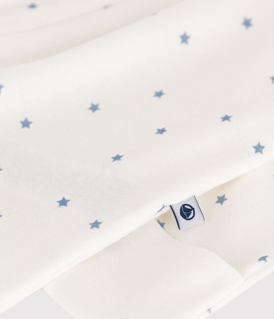 Babies' star printed cotton pyjama suit with a collar MARSHMALLOW white/ALASKA blue