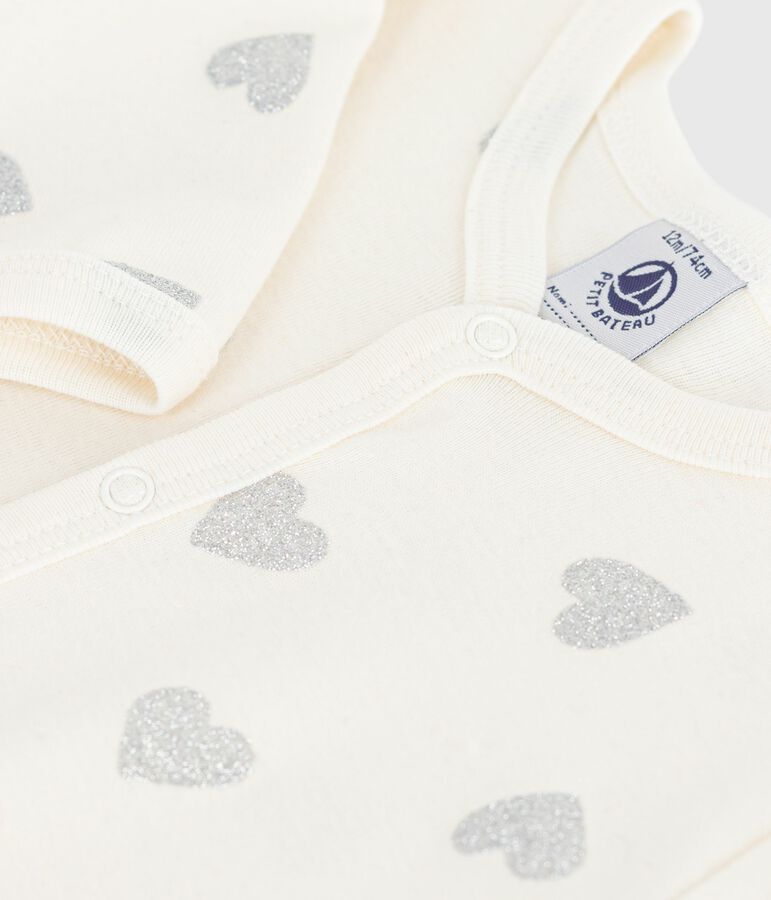 Baby pajamas in cotton with silver glitter hearts print MILK Ecru/ARGENT