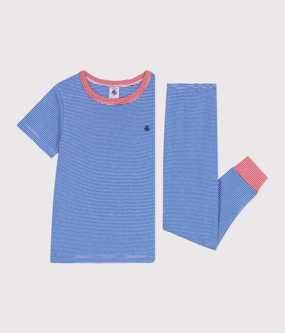 Children's stripy cotton pyjamas PERSE blue/MARSHMALLOW white