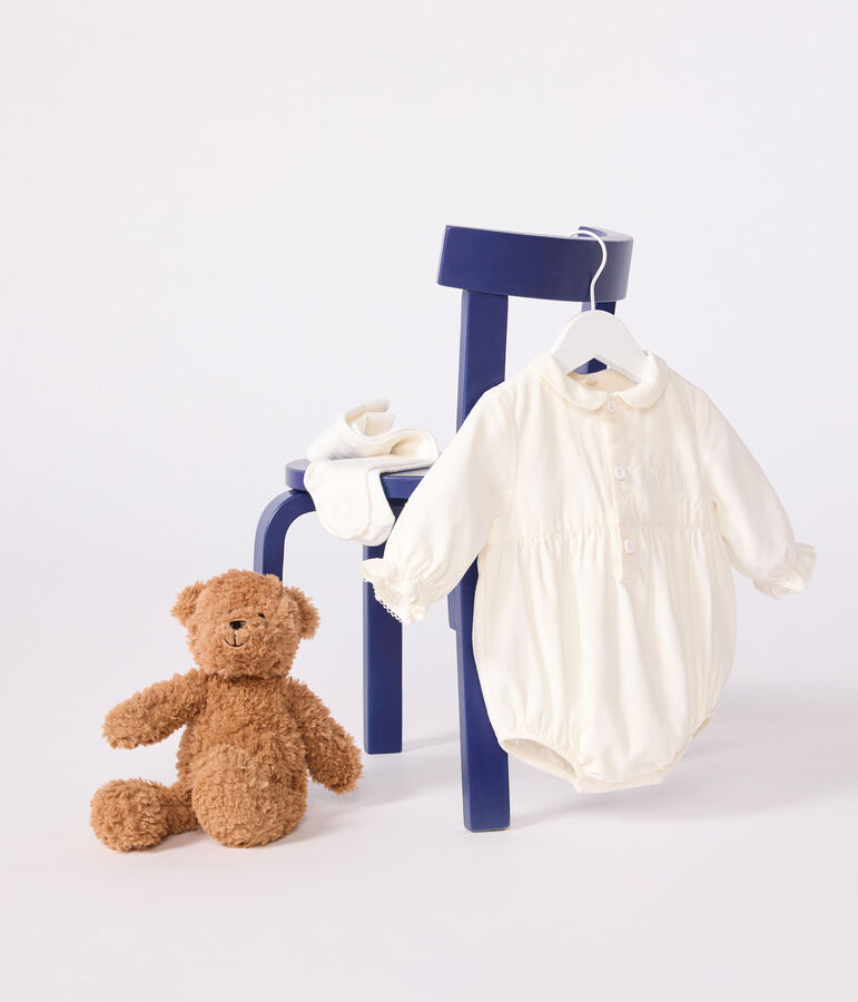 Babies' special occasion playsuit in embroidered corduroy Ecru