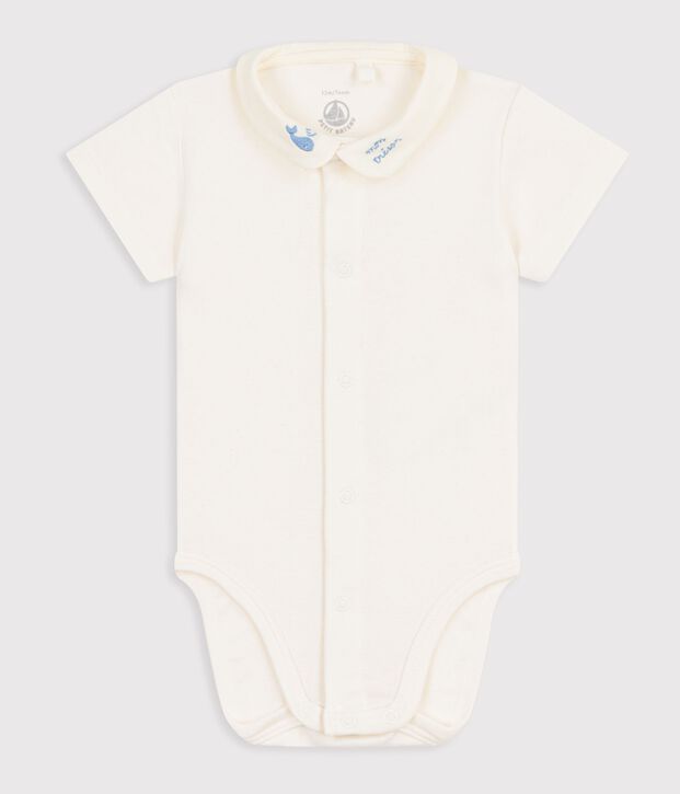 Babies' short-sleeved cotton body with embroidered details blue/blue