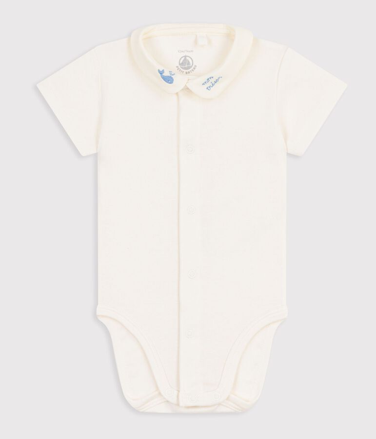 Babies' short-sleeved cotton body with embroidered details Ecru/blue