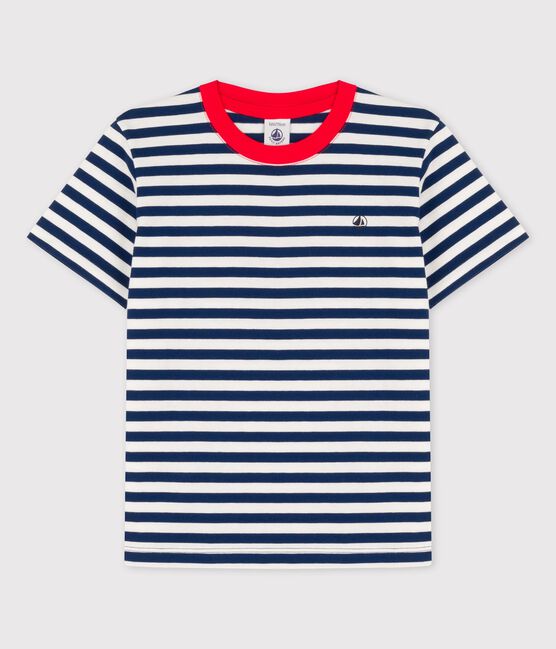 Boys' Short-Sleeved Cotton T-Shirt MEDIEVAL blue/MARSHMALLOW white
