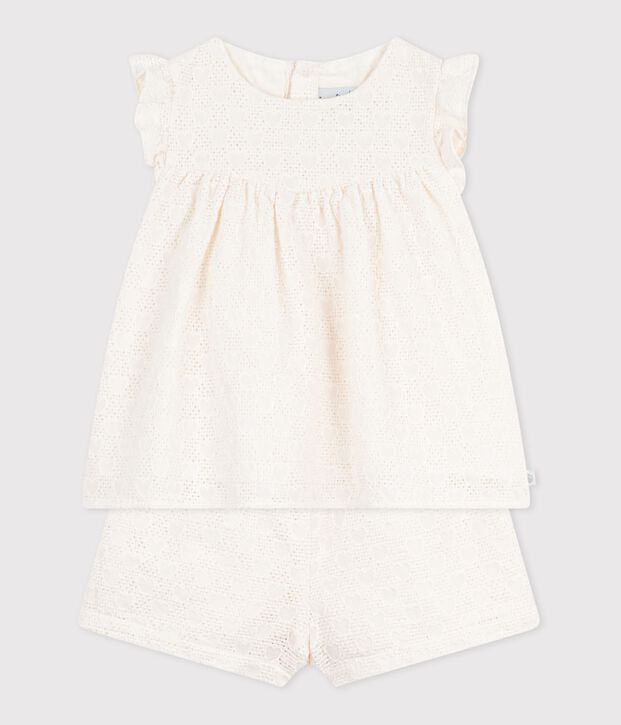 Babies' 2-piece outfit in broderie anglaise, hearts design white