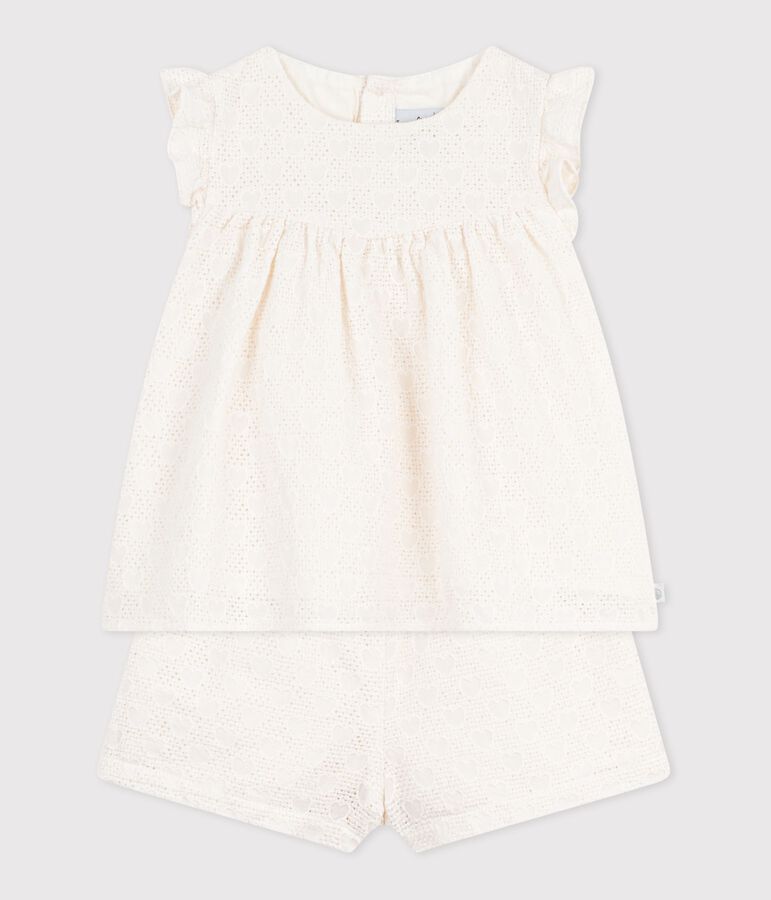 Babies' 2-piece outfit in broderie anglaise, hearts design white