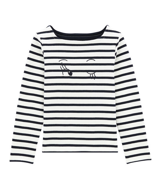 Girl's jersey breton top MARSHMALLOW white/SMOKING blue