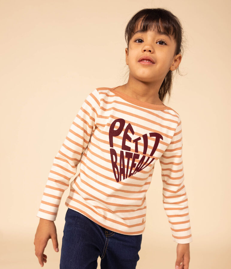 Girls' iconic cotton Breton top Ecru/pink
