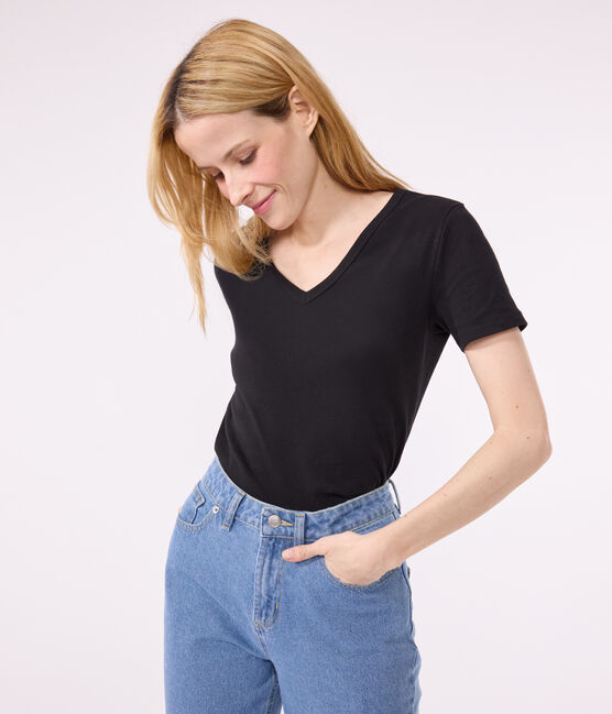 Women's iconic plain short-sleeved rib knit T-shirt BLACK black