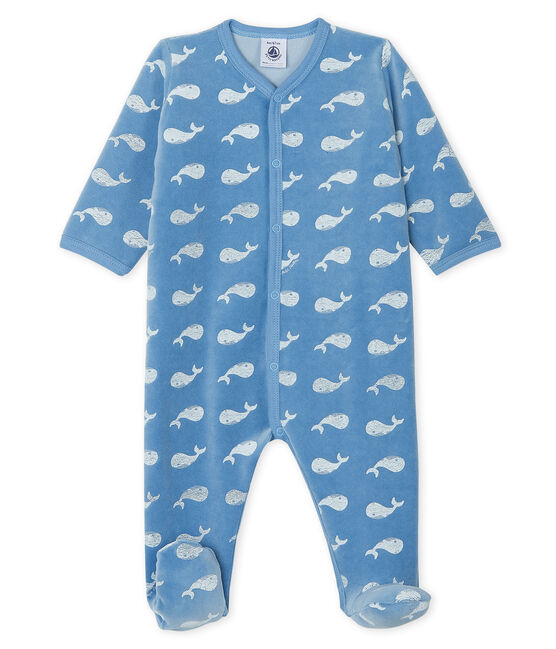 Baby boys' velour sleepsuit ALASKA blue/MARSHMALLOW white