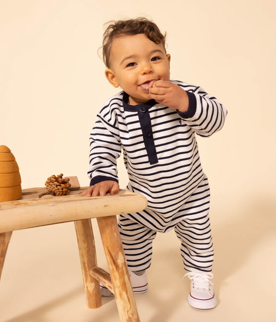 Babies' Thick Jersey Stripy Breton Jumpsuit MARSHMALLOW white/SMOKING blue