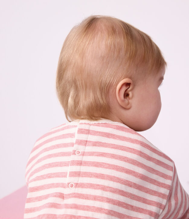 Babies' long-sleeved stripy cotton T-shirt. pink/ecru
