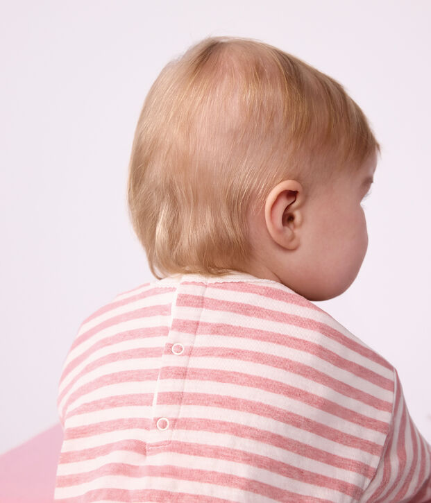 Babies' long-sleeved stripy cotton T-shirt. pink/ecru