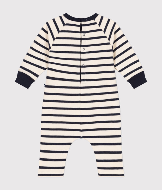 Babies' long fleece jumpsuit Ecru/blue