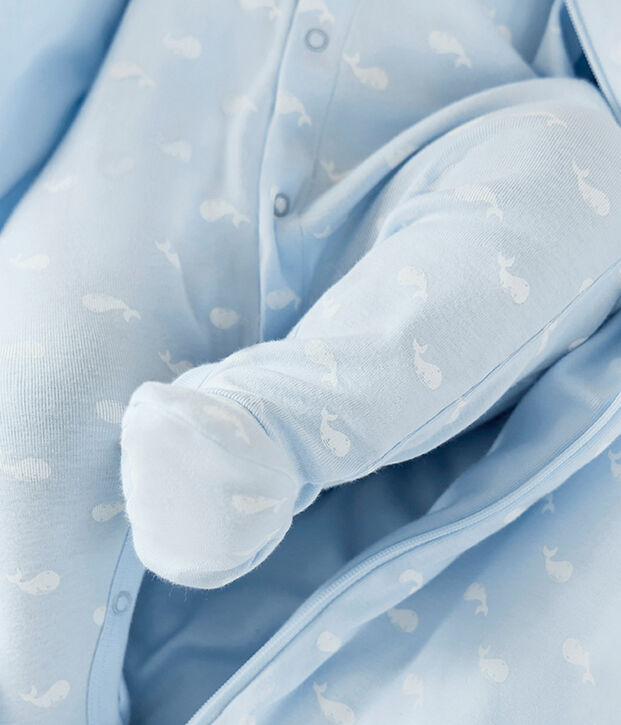 Babies' whale print cotton pyjama suit with a collar blue/white
