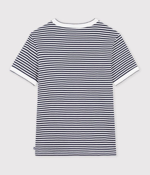 Women's short-sleeved stripy cotton T-shirt blue/white