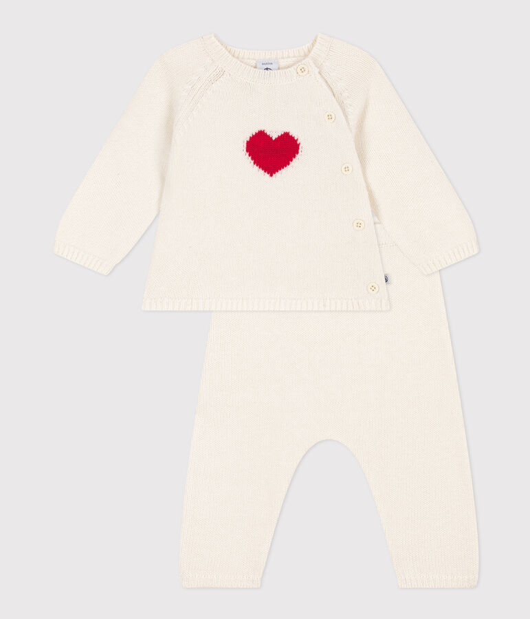 Babies' Wool/Cotton Heart Patterned Knit 2-Piece Outfit white/red