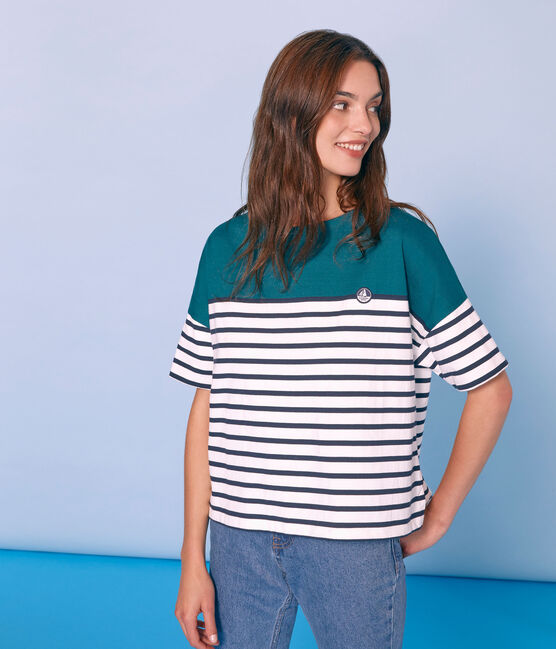 Women's short-sleeved stripy breton top PINEDE green/MARSHMALLOW white/SMOKING