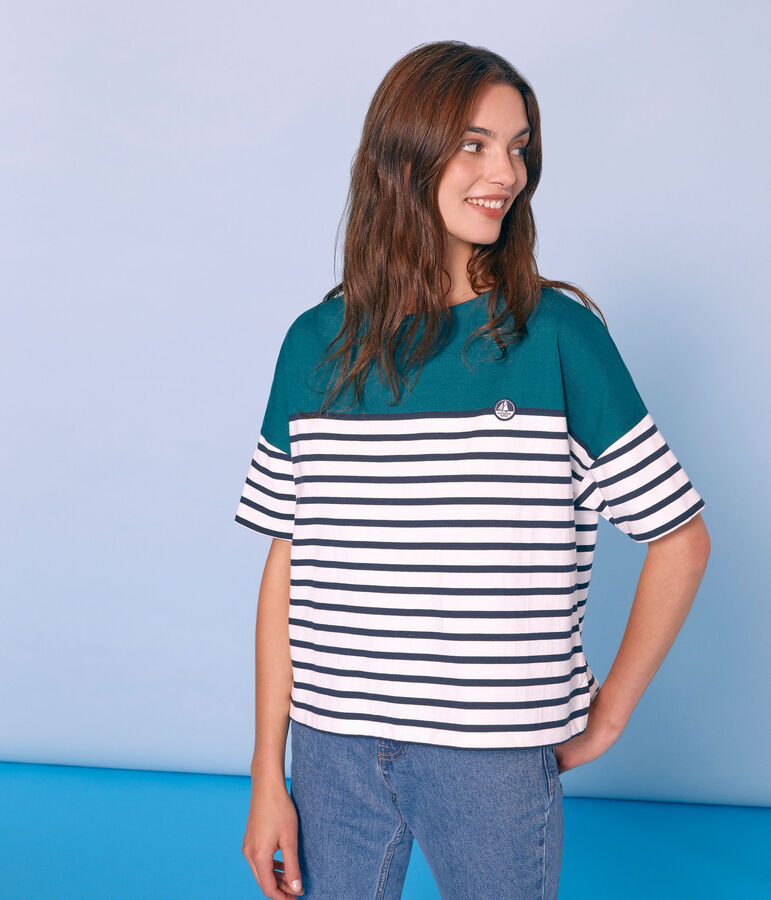 Women's short-sleeved stripy breton top green/white/blue
