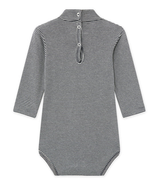Baby's unisex bodysuit with milleraies-striped roll neck SMOKING blue/COQUILLE beige