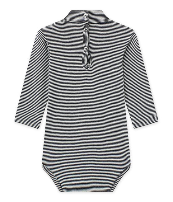 Baby's unisex bodysuit with milleraies-striped roll neck SMOKING blue/COQUILLE beige