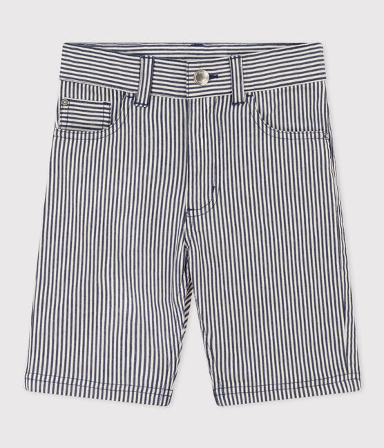 Boys' Stripy Cotton Bermuda Shorts MEDIEVAL blue/MARSHMALLOW white