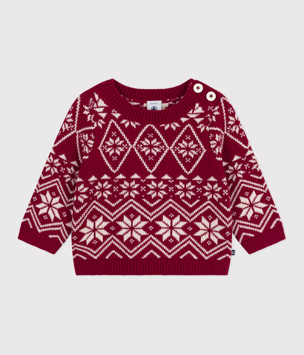 Babies' patterned wool and cotton jumper red/ecru