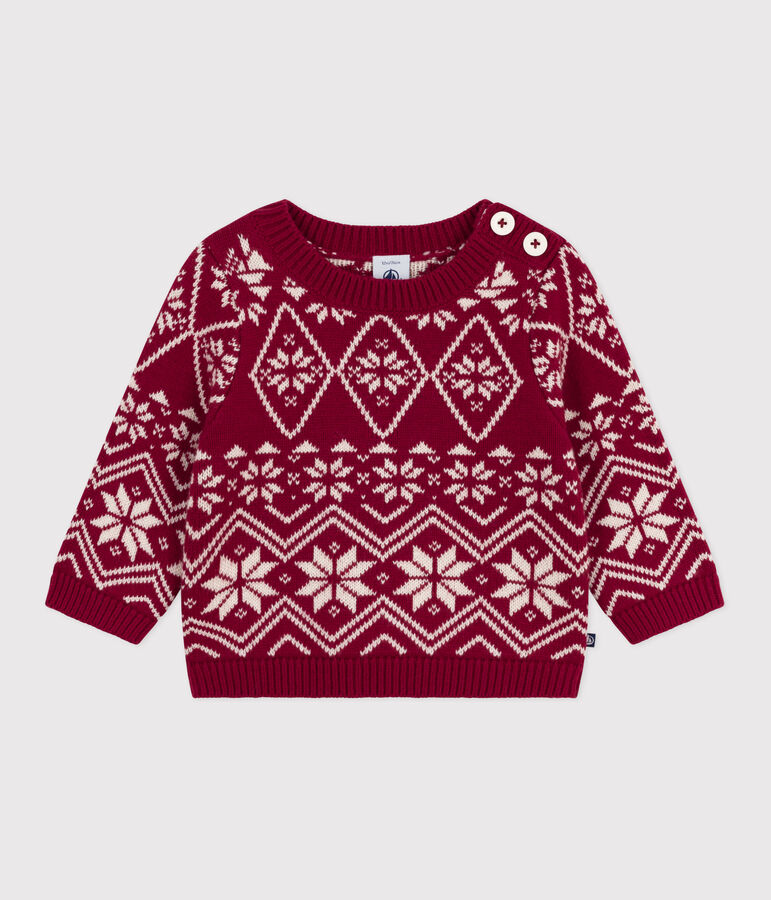 Babies' patterned wool and cotton jumper red/ecru