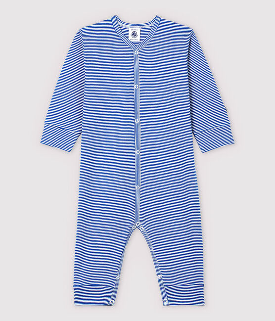 Babies' Blue Striped Footless Cotton Sleepsuit PABLITO blue/MARSHMALLOW white