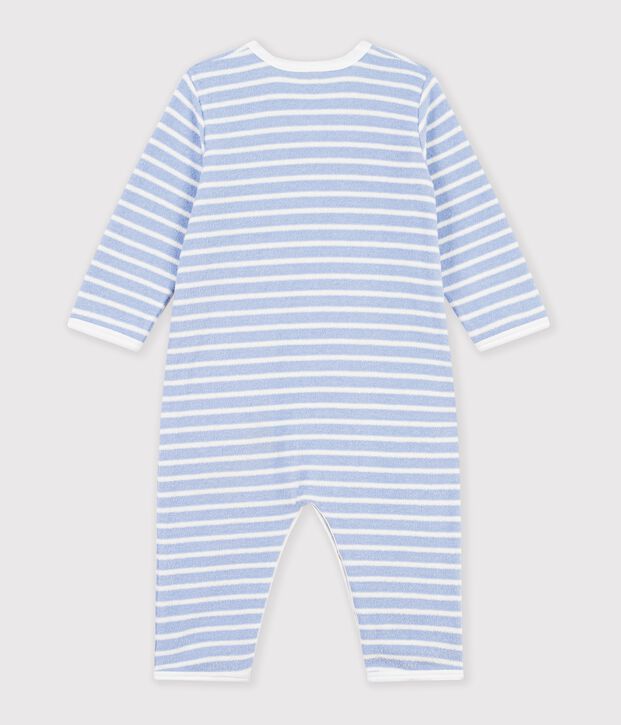 Babies' footless stripy cotton terry pyjama suit blue/ecru