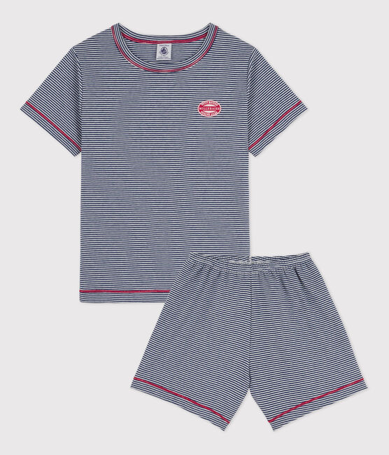 Boys' Pinstriped Short Cotton Pyjamas MEDIEVAL blue/MARSHMALLOW white