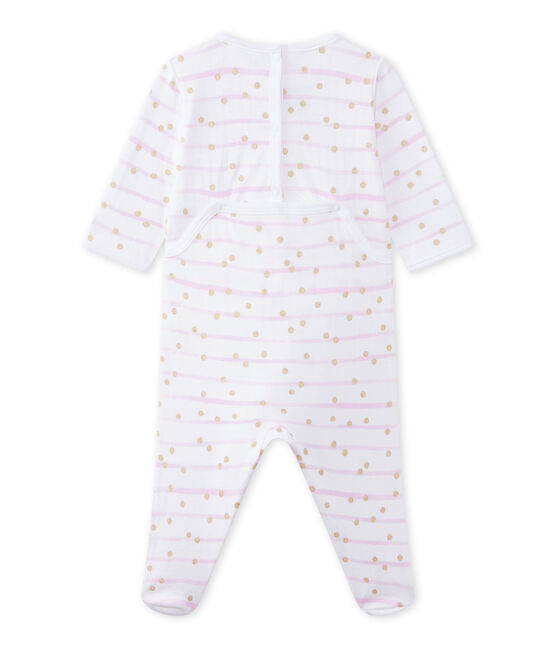Baby girl's striped double knit sleepsuit ECUME white/ROSE pink/OR