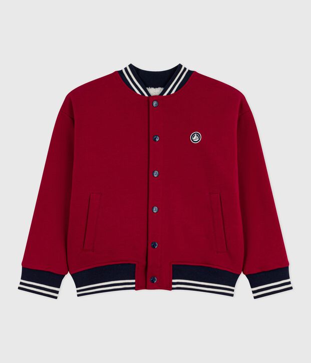 Children's varsity-style jacket in plain cotton and sherpa red