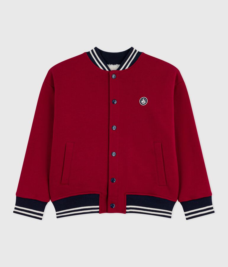 Children's varsity-style jacket in plain cotton and sherpa red