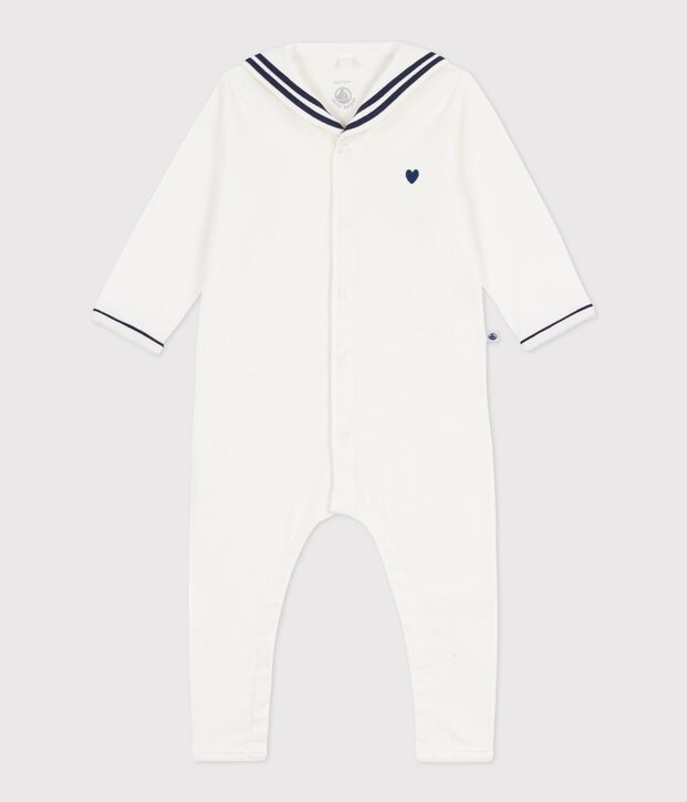 Babies' footless cotton pyjama suit with a sailor collar white