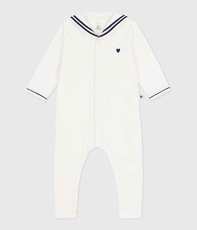Babies' footless cotton pyjama suit with a sailor collar MARSHMALLOW white