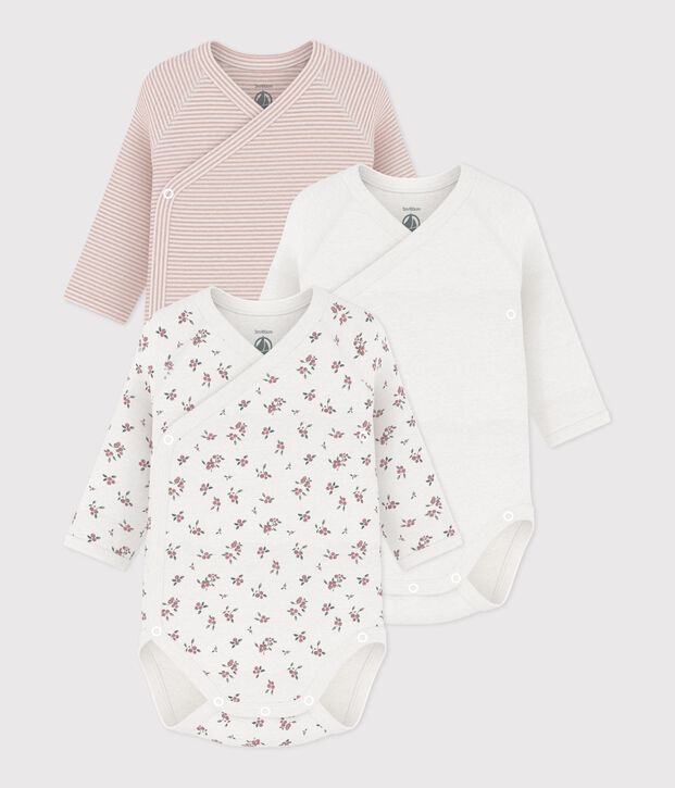 Pack of babies' long-sleeved printed cotton wrapover bodies multicolor